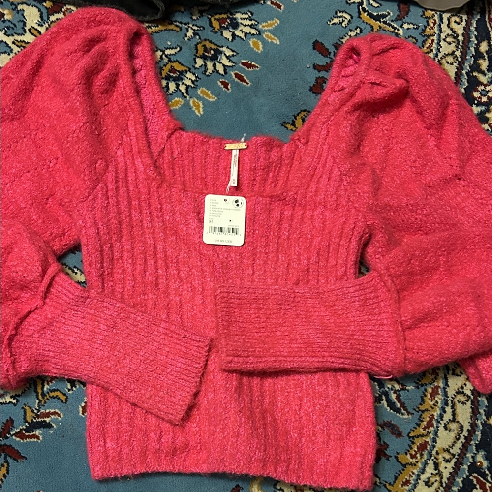 Free People Katie Cropped Sweater NWT Size Medium Pink Balloon Sleeve - Picture 5 of 7